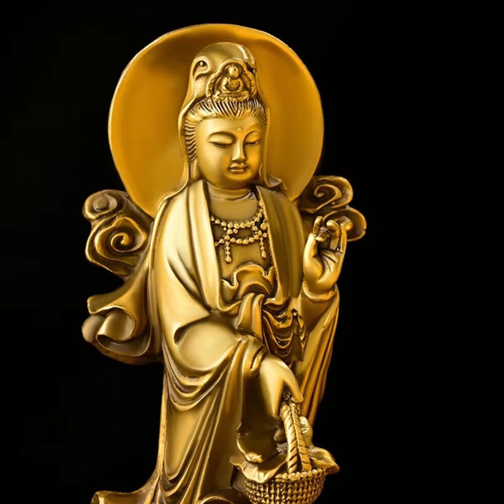 GUAN-YIN Riding a Dragon Fish BUDDHA STATUE Copper 9in Golden Metal Boddhisattva - Picture 6 of 10